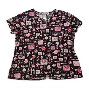 100% Cotton LOVE /Valentine's Scrub Top Black Pink White SB Scrubs Large VGC